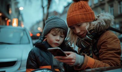 Mutter mit Sohn bfragen ChatGPT zu Kindersitzerhöhungen für das Auto