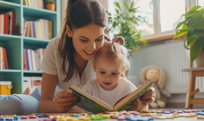 lesefoerderung mit spass mutter und kind in leseecke