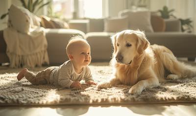 babys und haustiere sicher zusammen im wohnzimmer